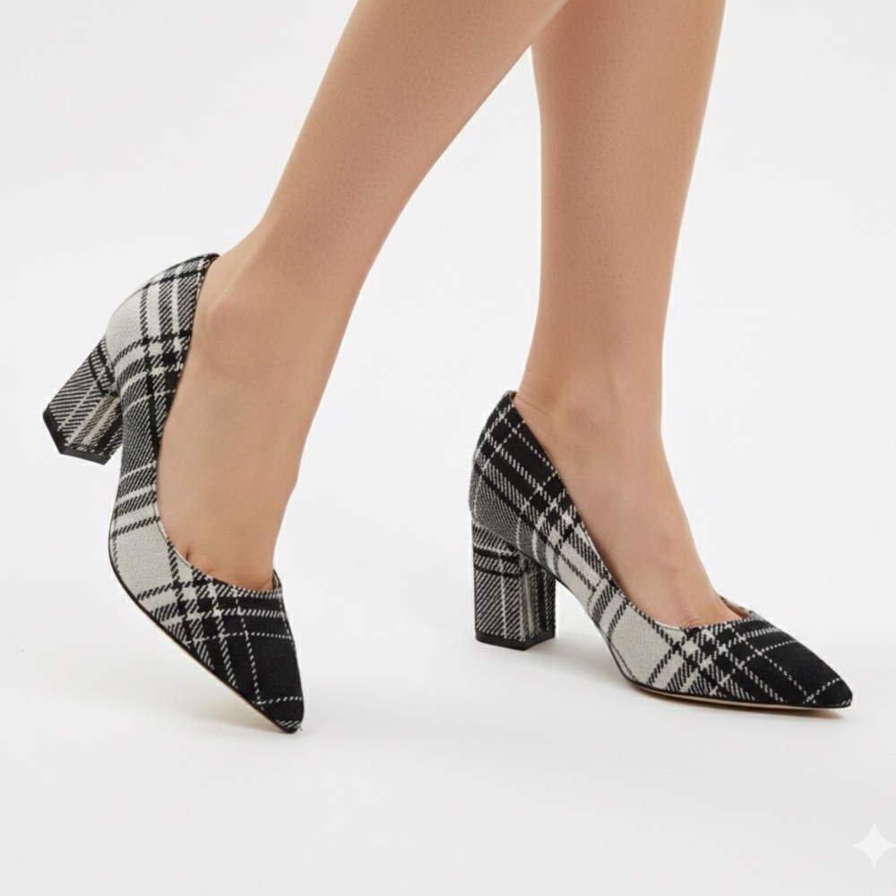 Marc Fisher Zala Black White Plaid Pumps Womens Size 8 Pointed Toe Block Heel